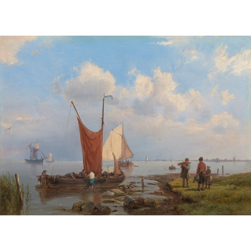 Coastal landscape with figures talking by the shore , a pair